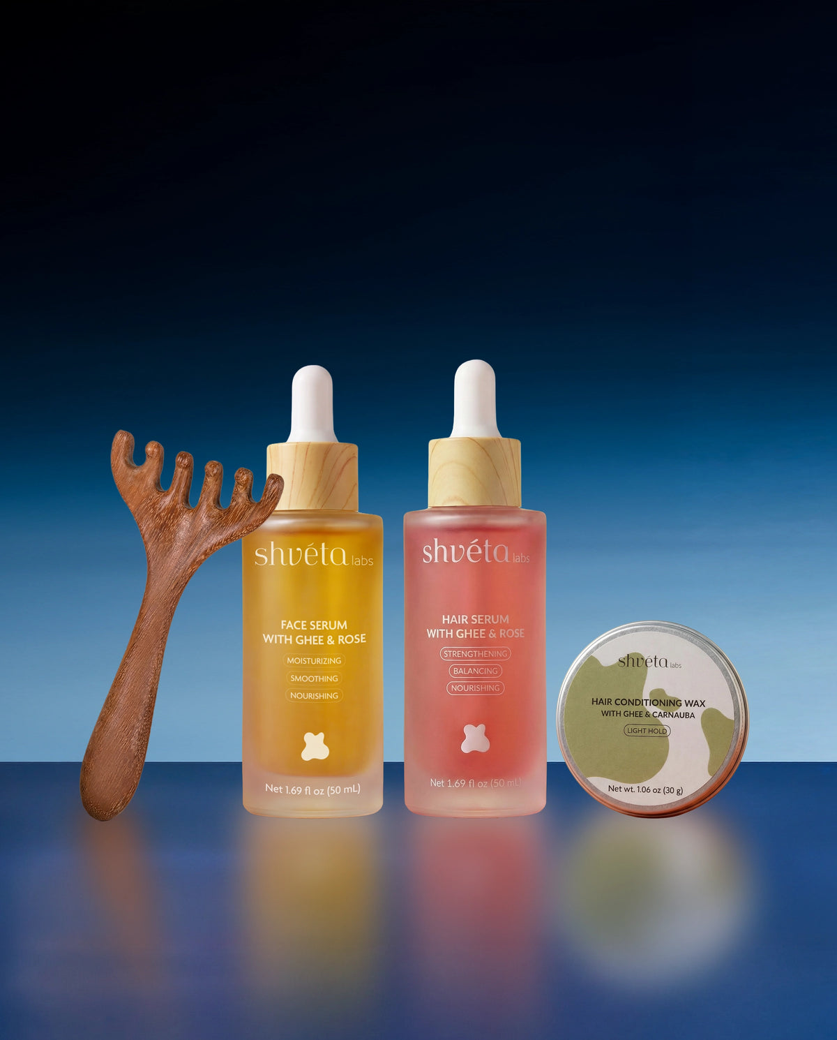 Shveta Labs Perfect Night Series skincare products including face serum, hair serum, and hair conditioner on a blue gradient background